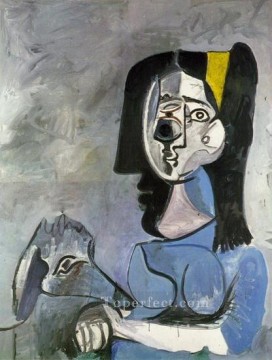Jacqueline assise avec Kaboul II 1962 Cubism Oil Paintings